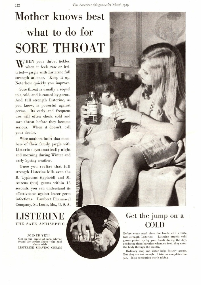 1929 Listerine Antiseptic Girl Giving Mouthwash To Doll For Sore Throat Print Ad