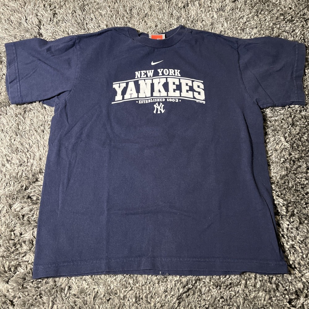 VTG New York Yankees Established 1903 T Shirt Blue Youth Large Double Print EUC