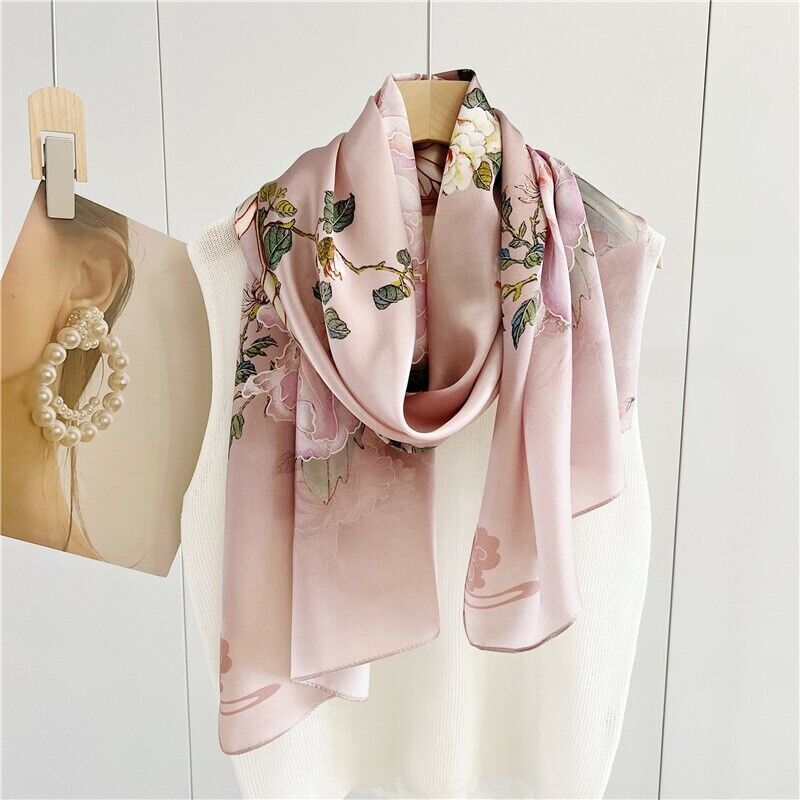 Pink Mulberry Silk Shawl with Floral Print 170cm Satin Scarf