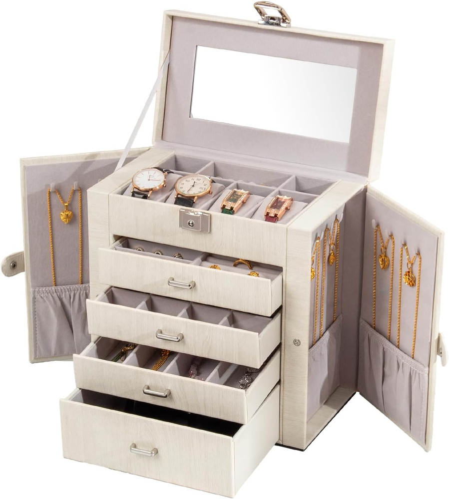 Large Jewelry Box5 Tier PU Leather Jewelry Organizer with Lock Multi Functional