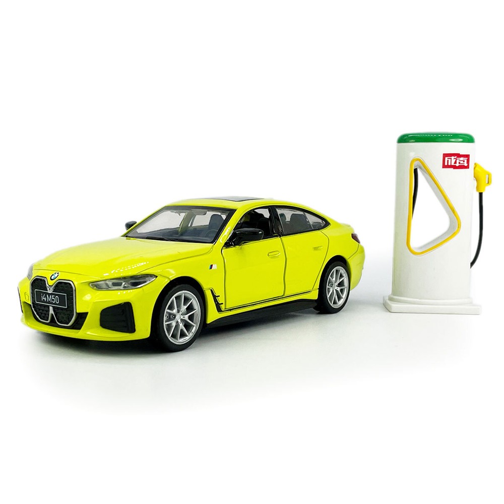 1:34 2022 BMW i4 M50 w/ Charging Station Model Car Diecast Toys for Boys Yellow