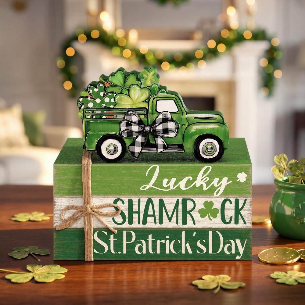 4 Pcs St. Patrick's Day Table Decorations Wooden Shamrocks Rustic Tiered Tray...