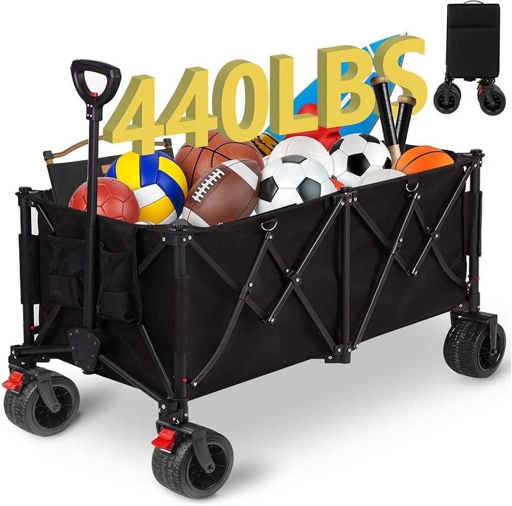 Large Collapsible Wagon, Heavy Duty Foldable Beach Wagon Cart Max Black
