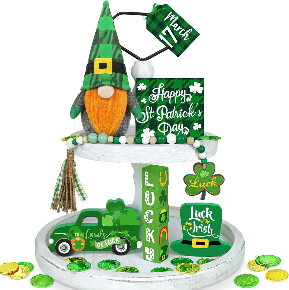 St Patricks Day Decor, 12 Pcs St Patricks Day Tiered Tray Decor - Plush Gnome, S
