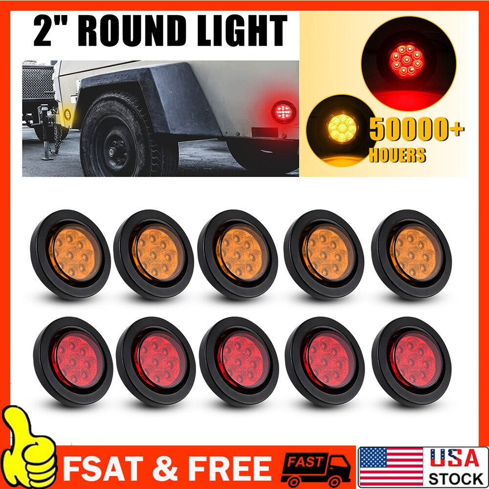 10PCS 2Inch DOT Red Amber Round LED Trailer Marker Lights with Grommet for Trucks