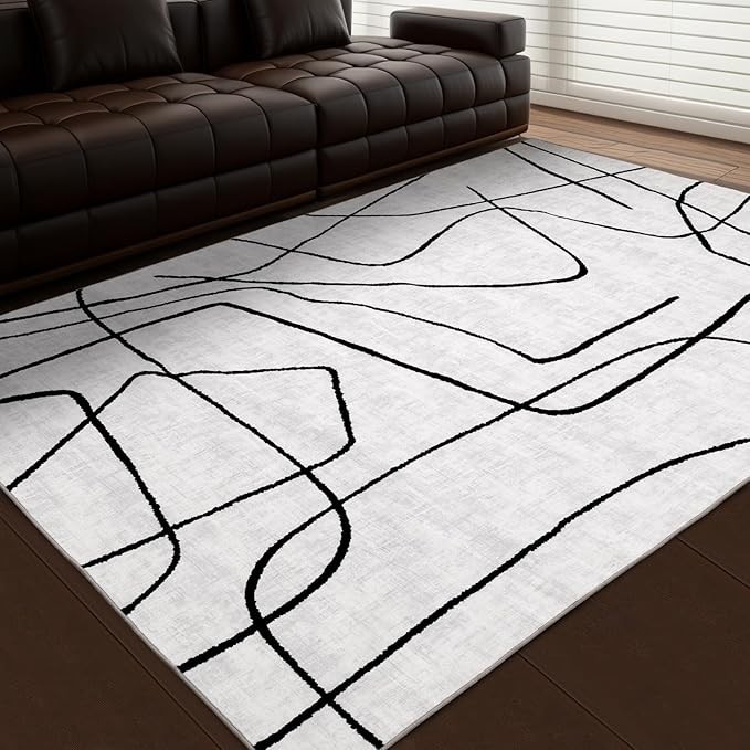 Area Rug for Living Room Bedroom - Large Abstract Black and White Rug