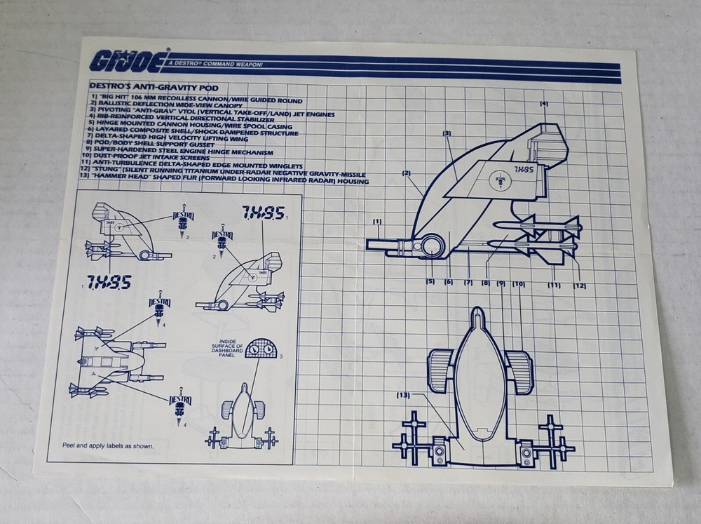 Destro's Anti-Gravity Pod Original 1988 Blueprints Vintage Hasbro GI Joe ARAH