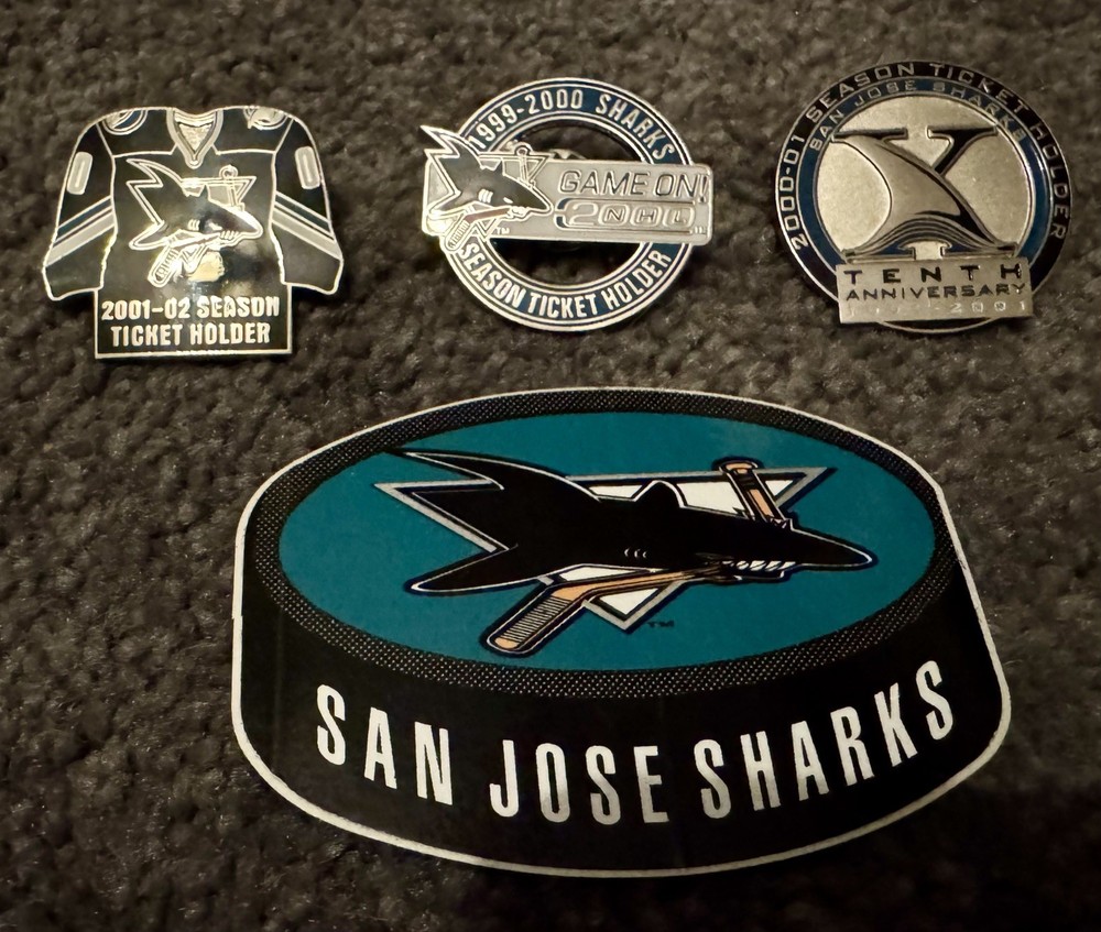 San Jose Sharks Season Ticket Holder Pin Lot (1999–2002) + Bonus Sticker –3 Pins