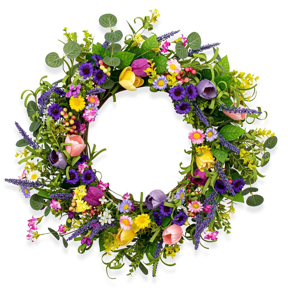 22 Inch Artificial Spring Tulip Wreath for Front Door Decor
