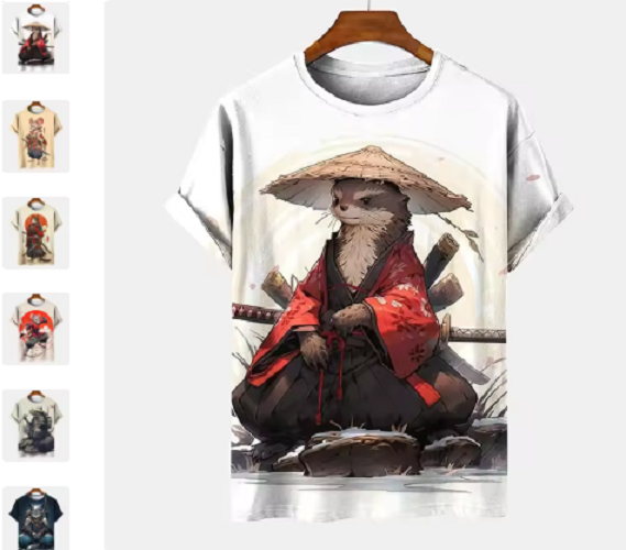 Japanese Warrior Animal Design Mens Graphic T-shirt Short Sleeve Print Tee Top O