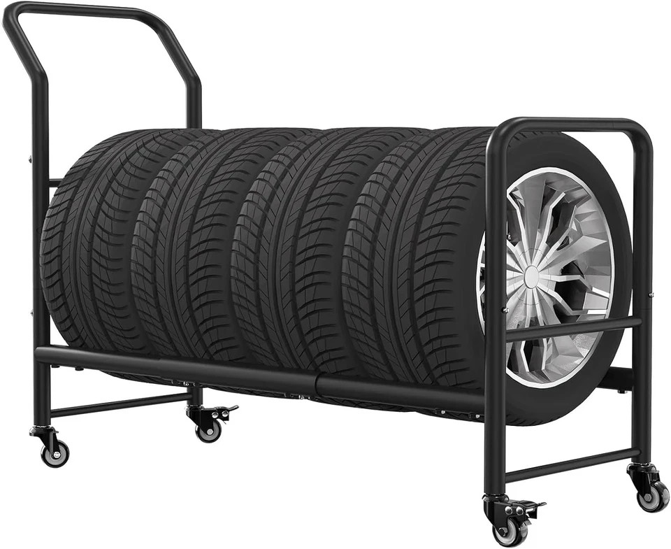 2-in-1 Black Metal Rolling Tire Rack for Storage & Transport
