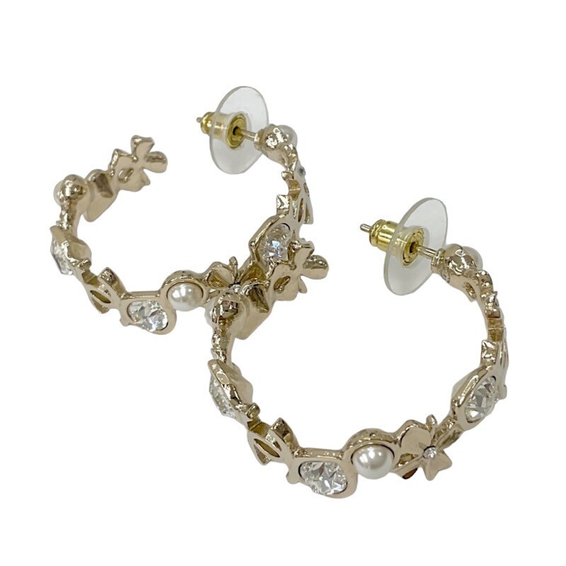 CHANEL CC Heart Clover Rhinestone Hoop Earrings Gold GP B22S