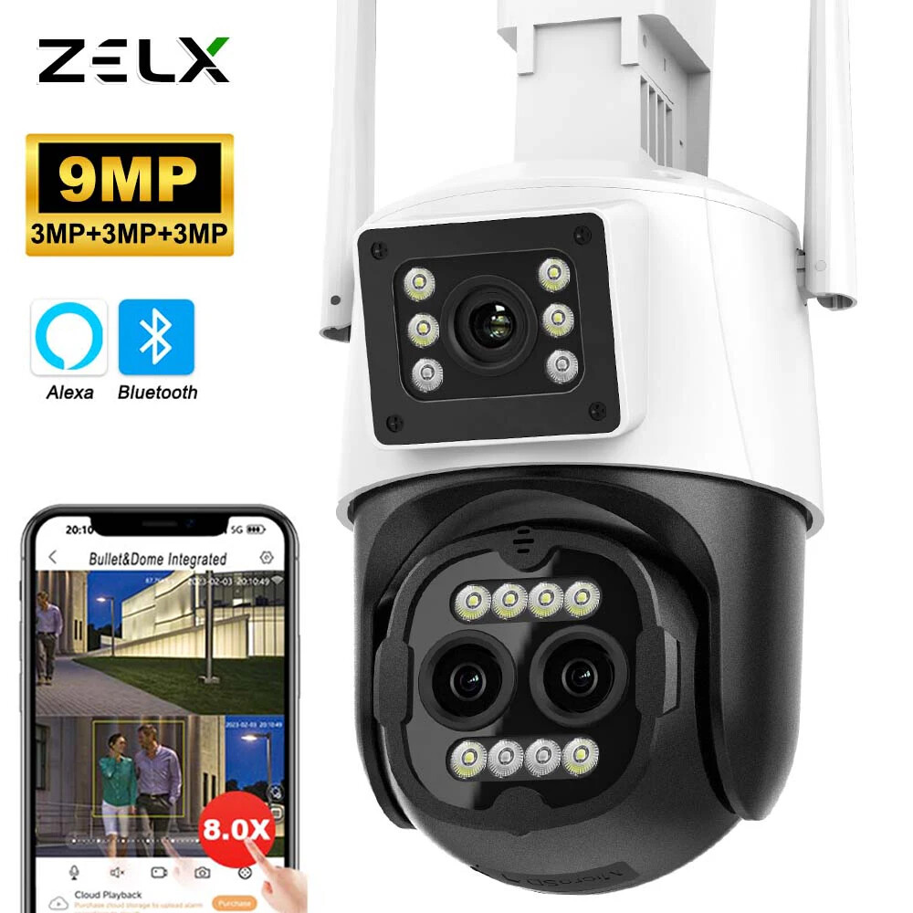 9MP 4K HD WiFi IP Camera 8X Zoom Three Lens Dual Screen PTZ Cam Auto Tracking