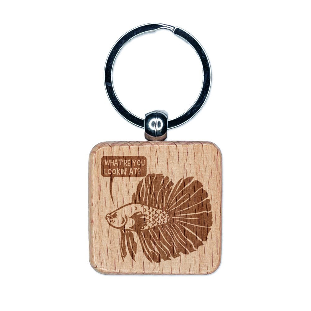 Angry Betta Fish Looking to Start Fight Engraved Wood Square Keychain Tag Charm