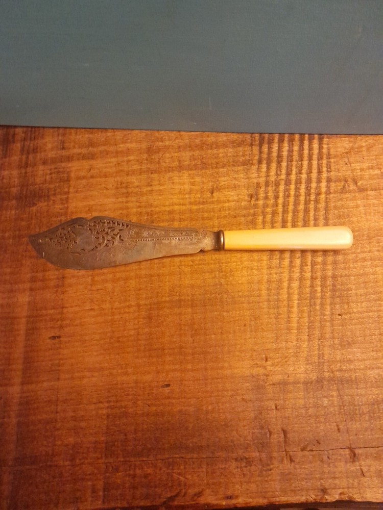 -   LARGE ELCTROPLATED PIERCED/ENGRAVED FISH KNIFE, CELLULOID HANDLE HB & H