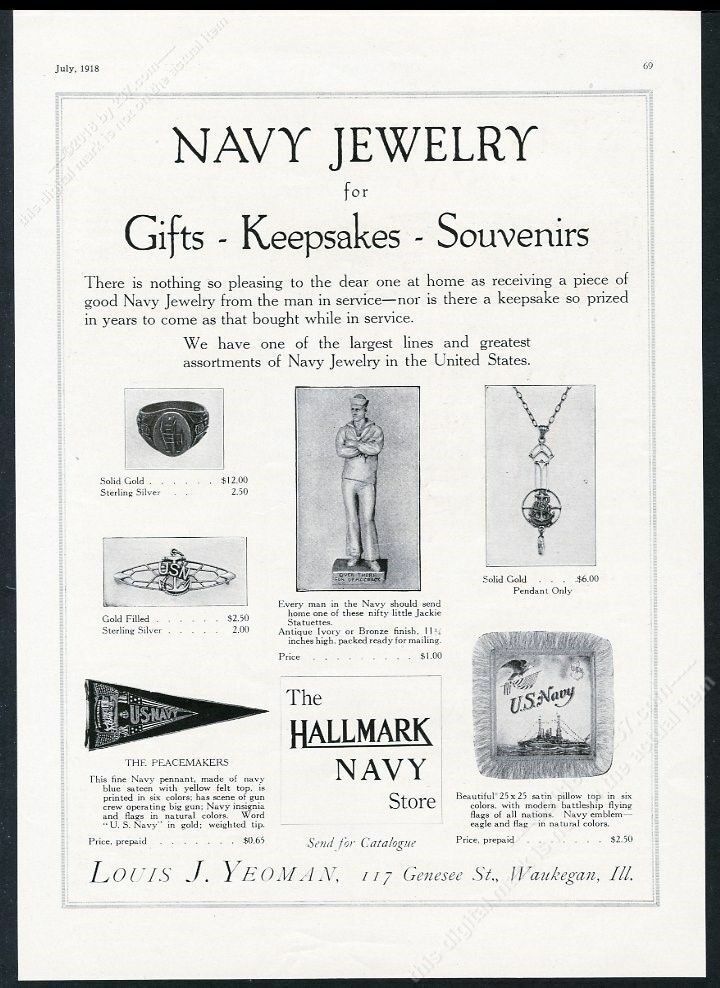 1918 US Navy sailor jewelry ring pin pennant pillow statue pix Louis J Yeoman ad