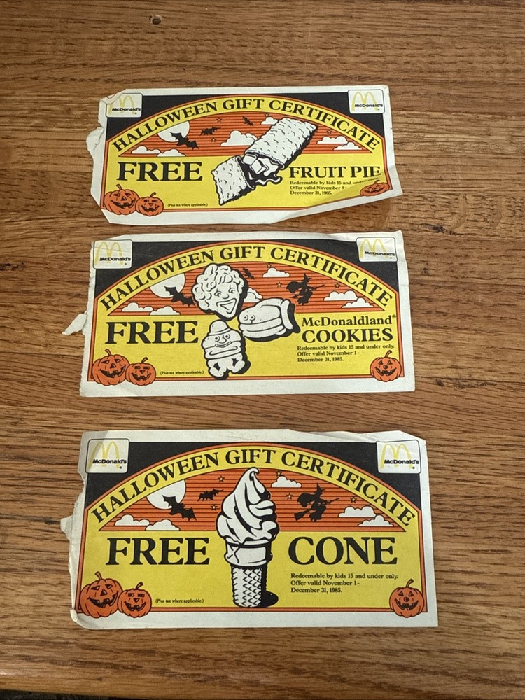 Lot Of 3 McDonalds Halloween Gift Certificates Coupon 1985 Vintage-image