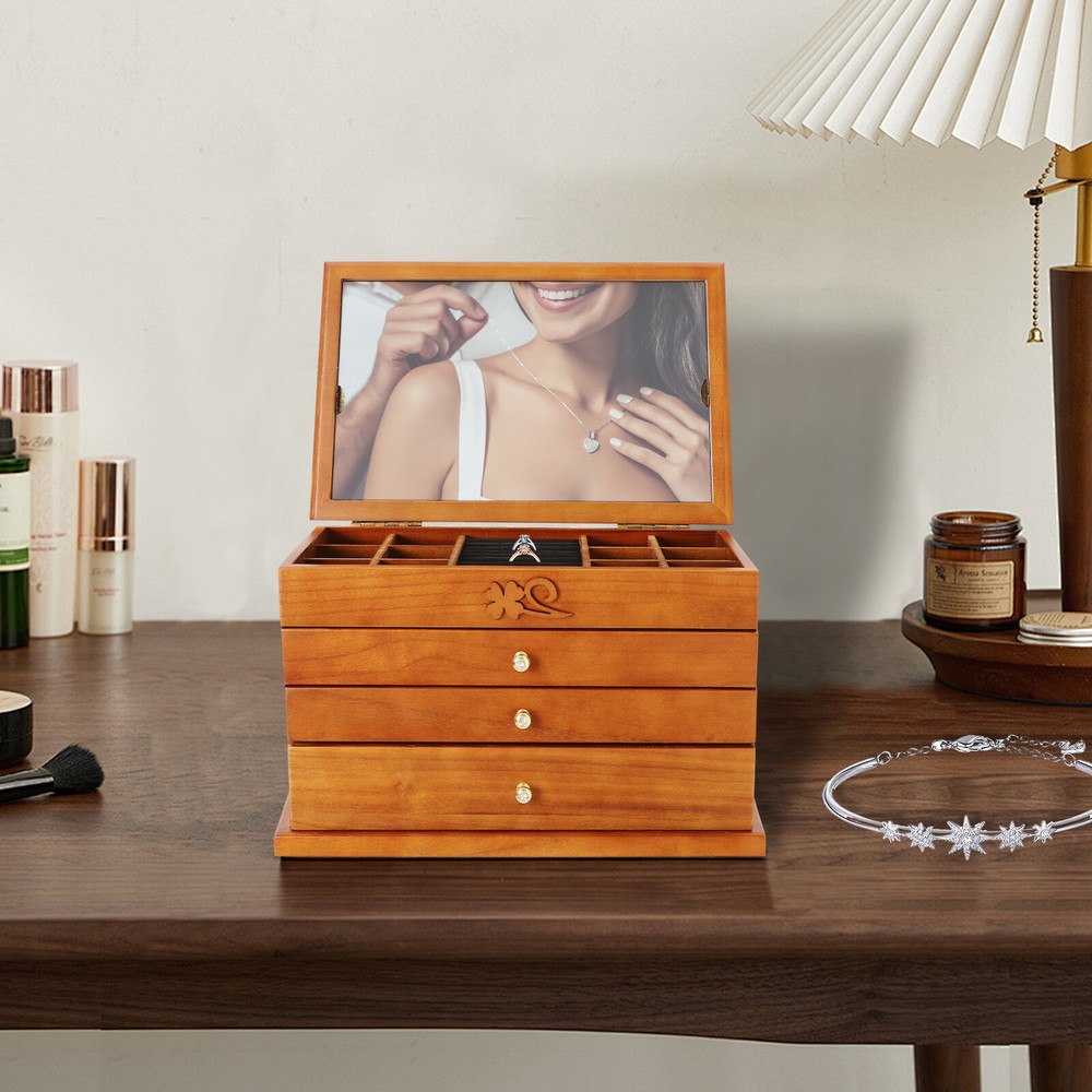 Wooden Jewelry Box with Drawer for Rings Earrings and Organizer Storage