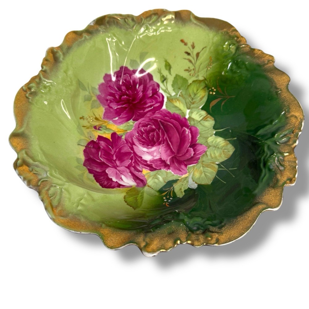 Antique PS Germany Hand-Painted Porcelain Bowl Scalloped Gilded Gold Rose Floral