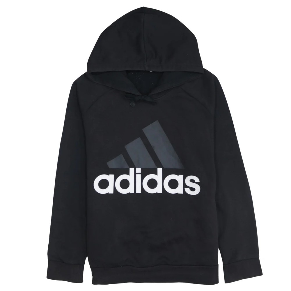 Adidas Black Hoodie Men's Small Printed Logo Drawstring Hood Pullover Sweatshirt