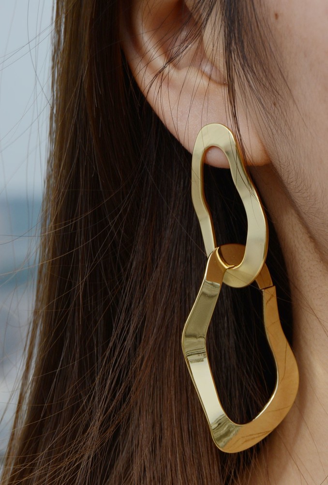 Gold Plated Marsa Wavy Hoop Dangle Earrings with Push Back Closure