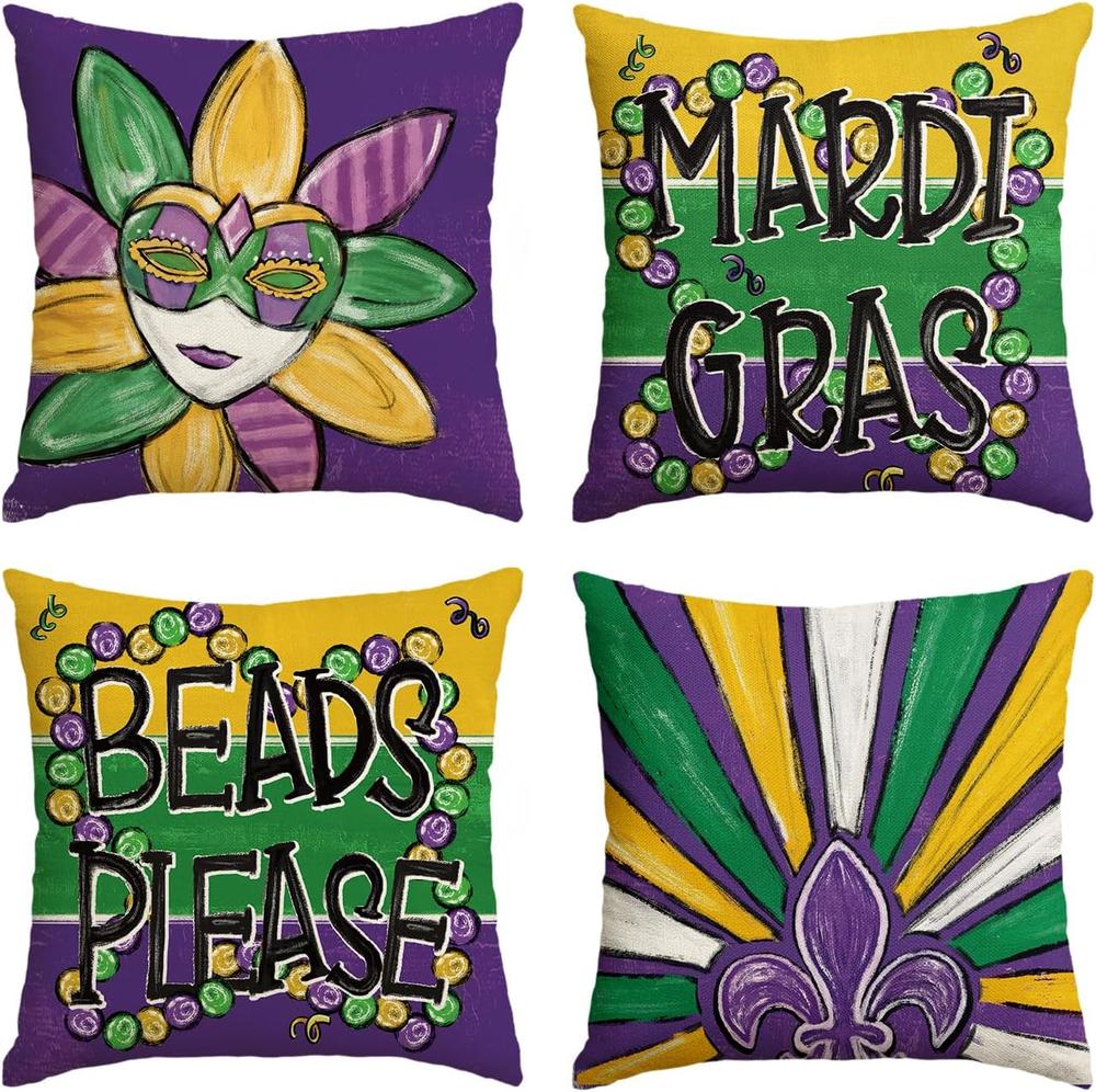 Mardi Gras Fleur De Lis Mask Beads Please Throw Pillow Covers, 18 X 18 Inch Holi
