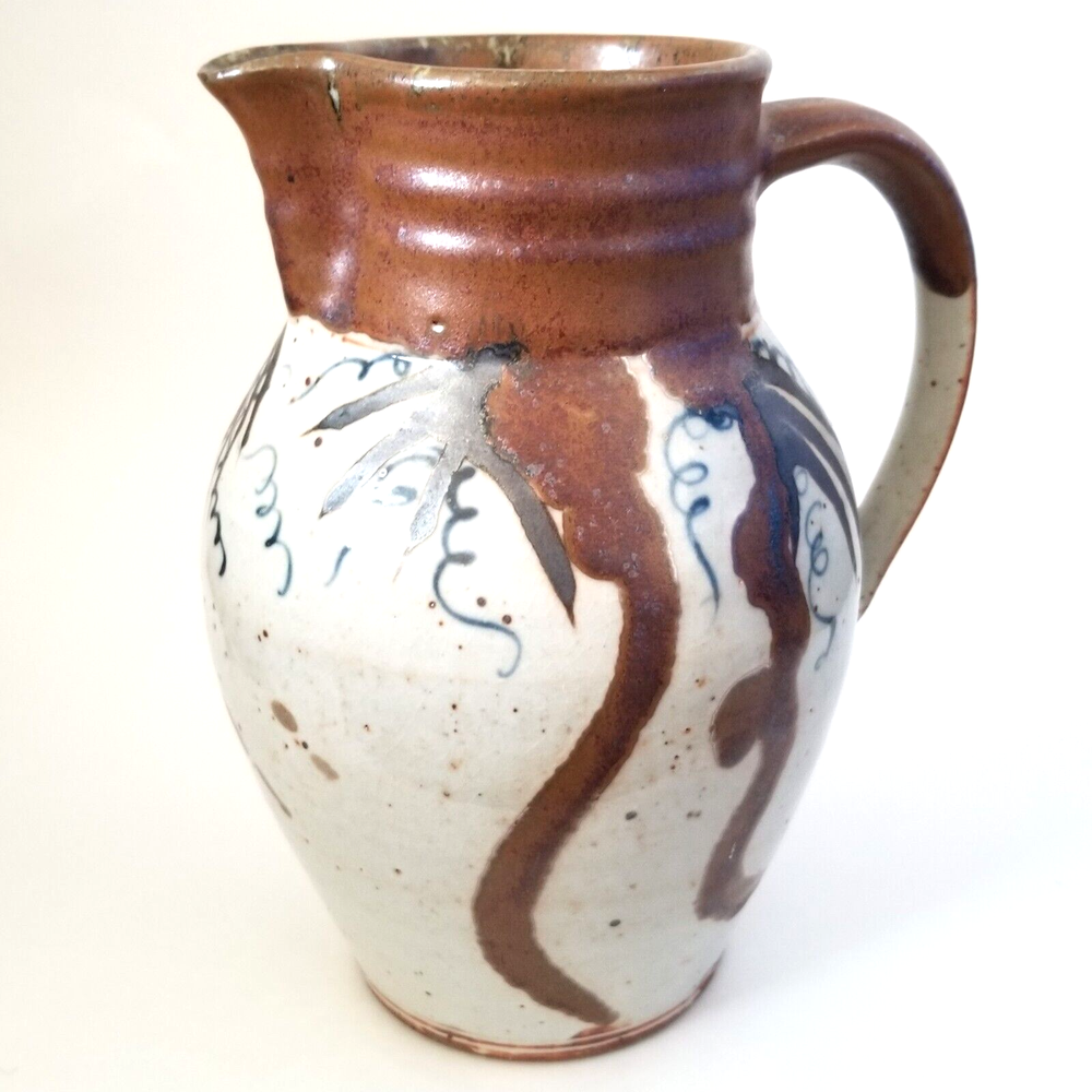 Signed Studio Pottery Pitcher Vase 10x8 Pacific NW Brown Beige Blue Swirls Vintage Mid Century