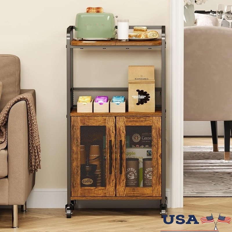 Coffee Bar Organizer Storage Unit W/ Shelves Mobile Table Kitchen Cart New