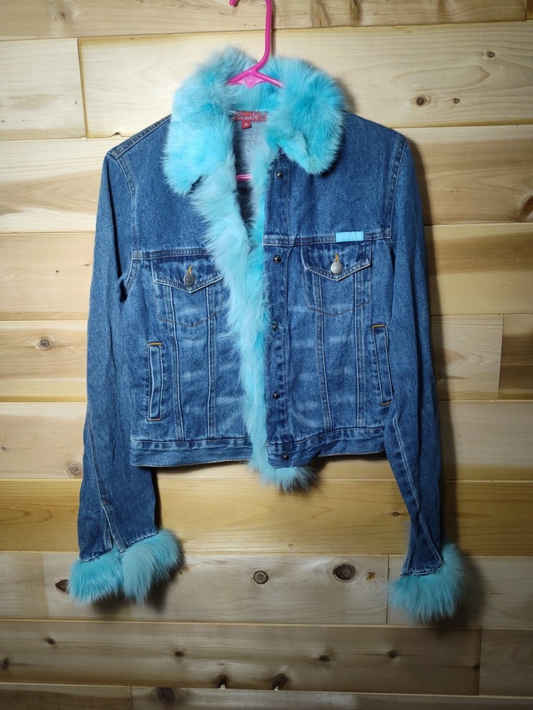 Women's GI AND JO Denim Jean Jacket With Fur Collar & Cuffs-Blue-Medium
