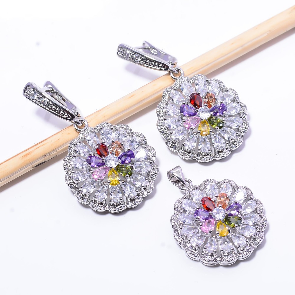 Multi Gemstone, Cubic Zirconia 925 Sterling Silver Flower Pendant Set 1.76
