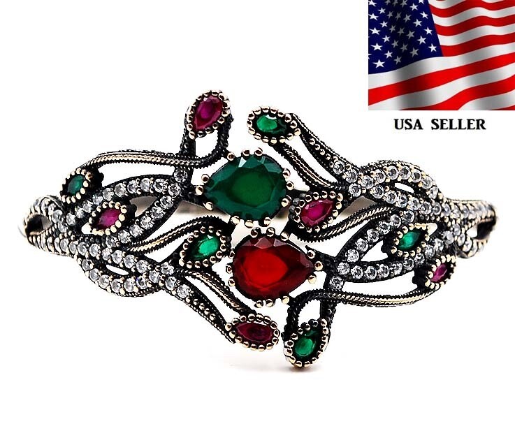 Ottoman Empire Style 15CT Treated Ruby Emerald 925 Sterling Silver Bracelet