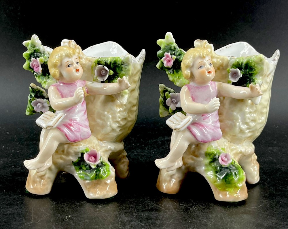 Vintage Porcelain Ceramic Planters with Seated Girl Reading Book Design for Flowers
