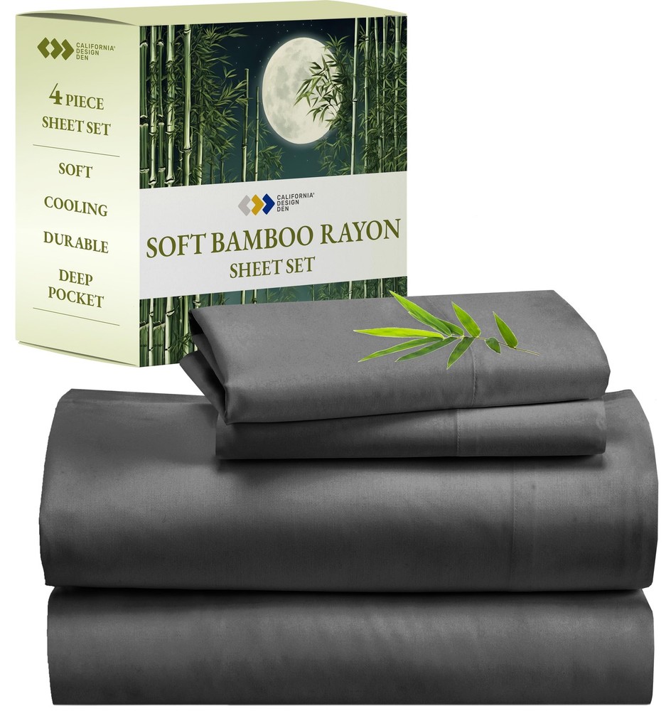 Rayon from Bamboo Luxury Silk Cooling Sheets, Queen Size, Grey Bedsheets with...