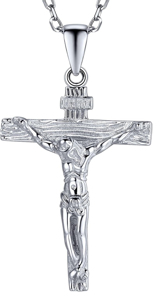 Men Crucifix Cross Pendant with Chain Baptism Christian Jewelry Stainless Steel/