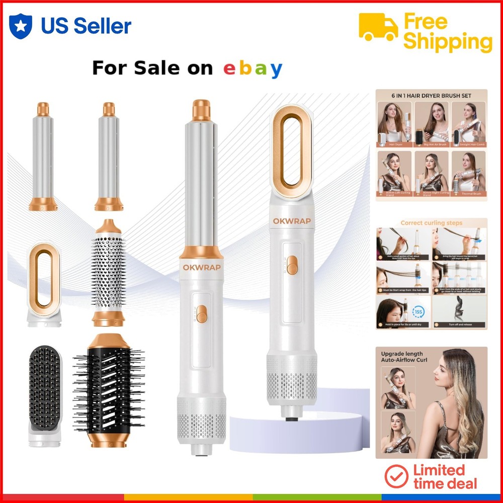 6-in-1 Blow Dryer Brush Hair Styler Ionic Hot Air Curling Iron Volumizer