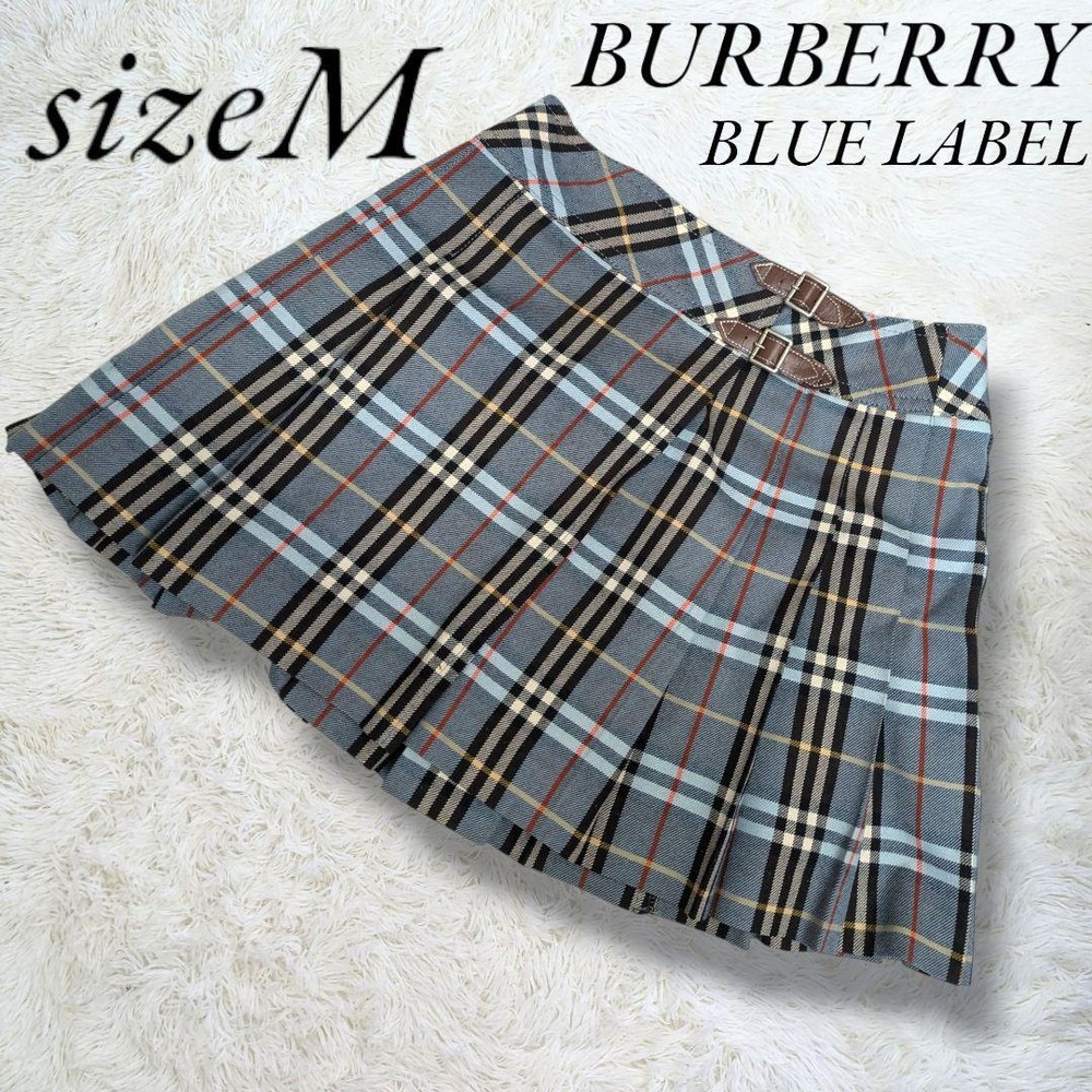 Burberry Blue Label Pleated Skirt Nova Check Leather Belt Vintage