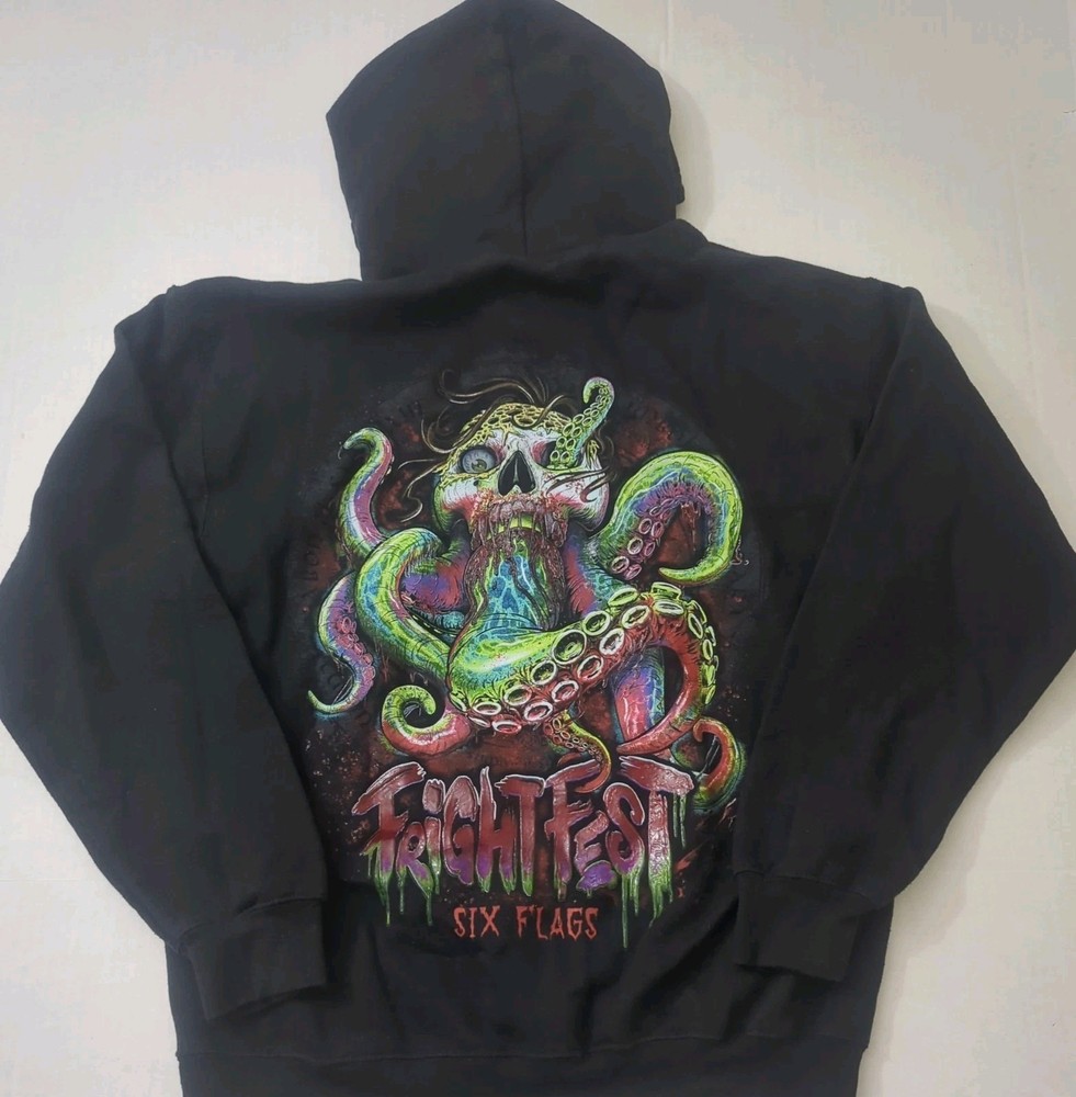 Six Flags Fright Fest Adult Black Hoodie with 3D Skull and Tentacles Design - Medium