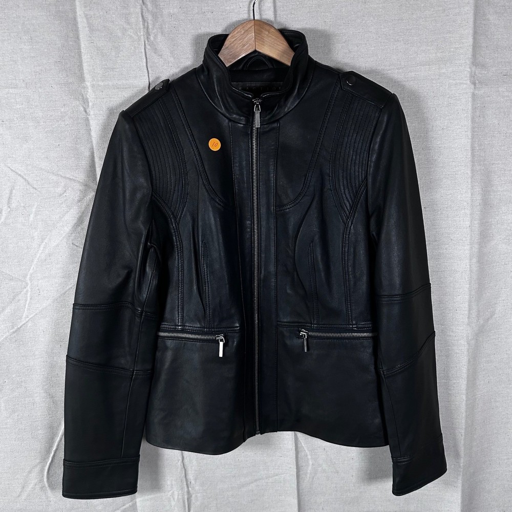 Kenneth Cole Reaction Womens Black Leather Moto Jacket Size M Full Zip Biker-image