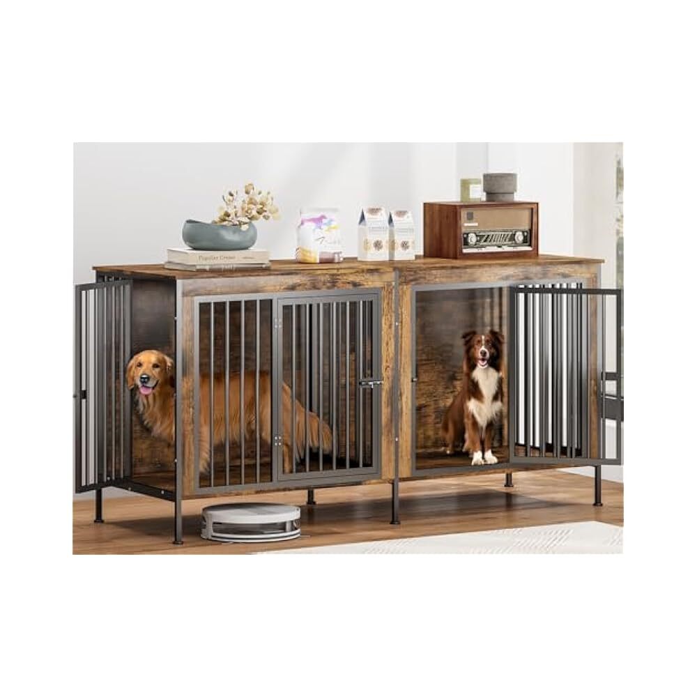 Double Door 78-Inch Wooden Dog Crate Furniture for Two Large Dogs-image