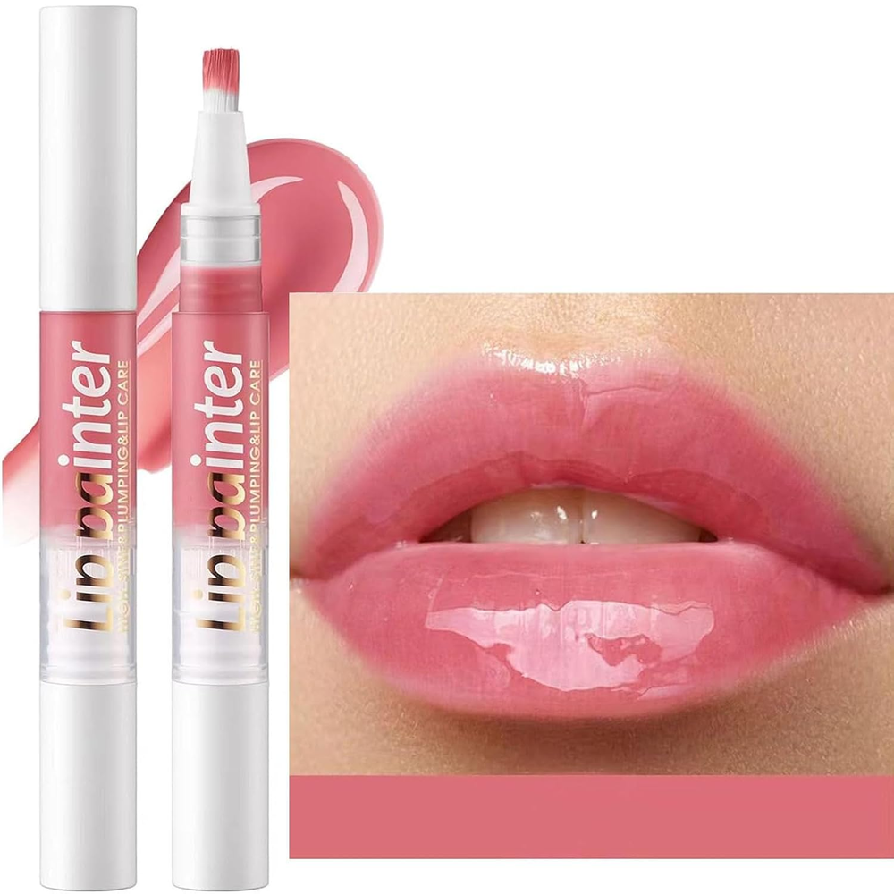 2 in 1 Pink Lip Gloss Lip Plumper Gloss Tinted Glitter Shimmer Lipgloss Lip Oil