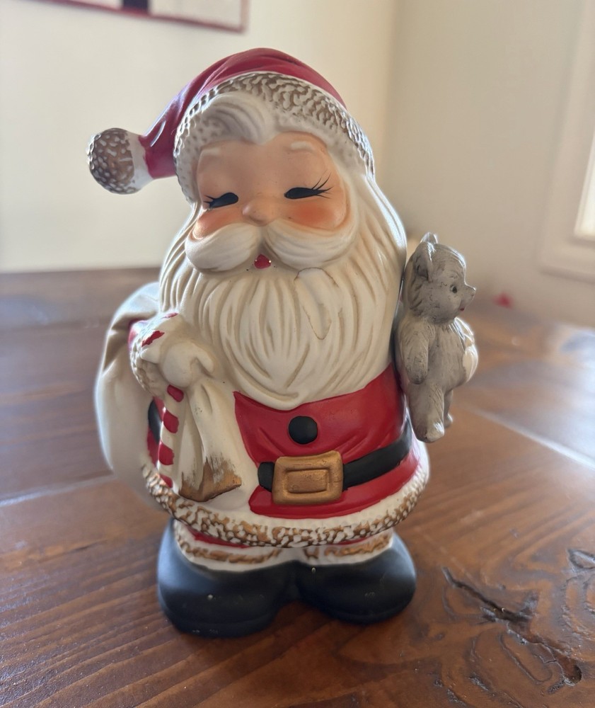 Homco Santa Claus And Teddy Bear Coin Bank Bisque Ceramic Vintage Christmas