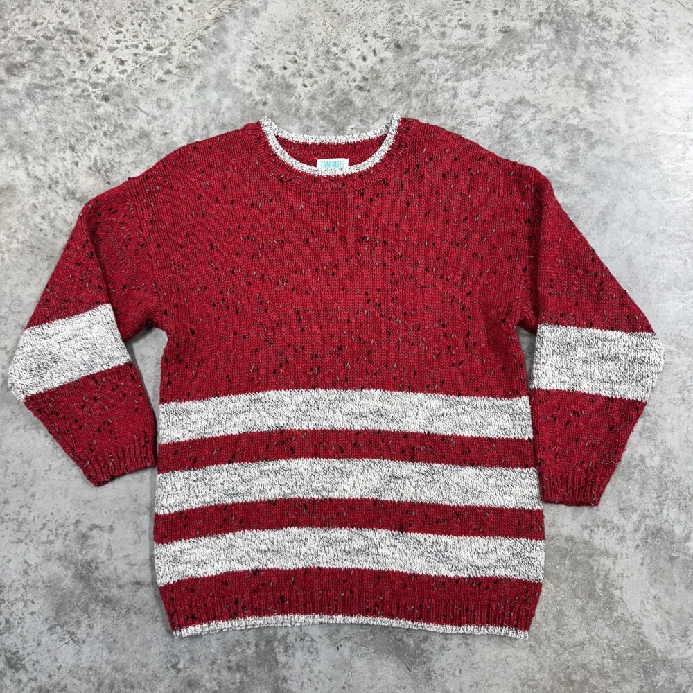 Vintage Tangiers Sweater Mens Small Red Gray Crewneck Striped Speckled Knit 90s
