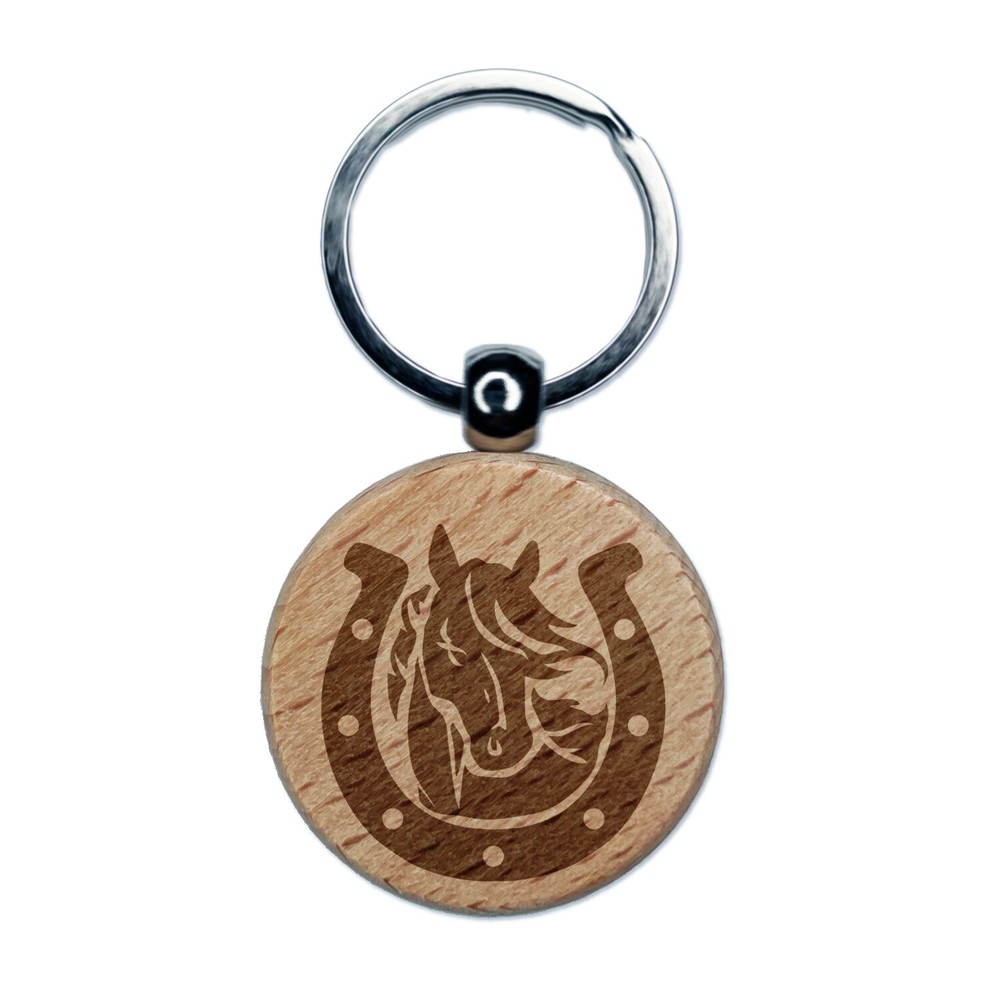Horse in Horseshoe Engraved Wood Round Keychain Tag Charm