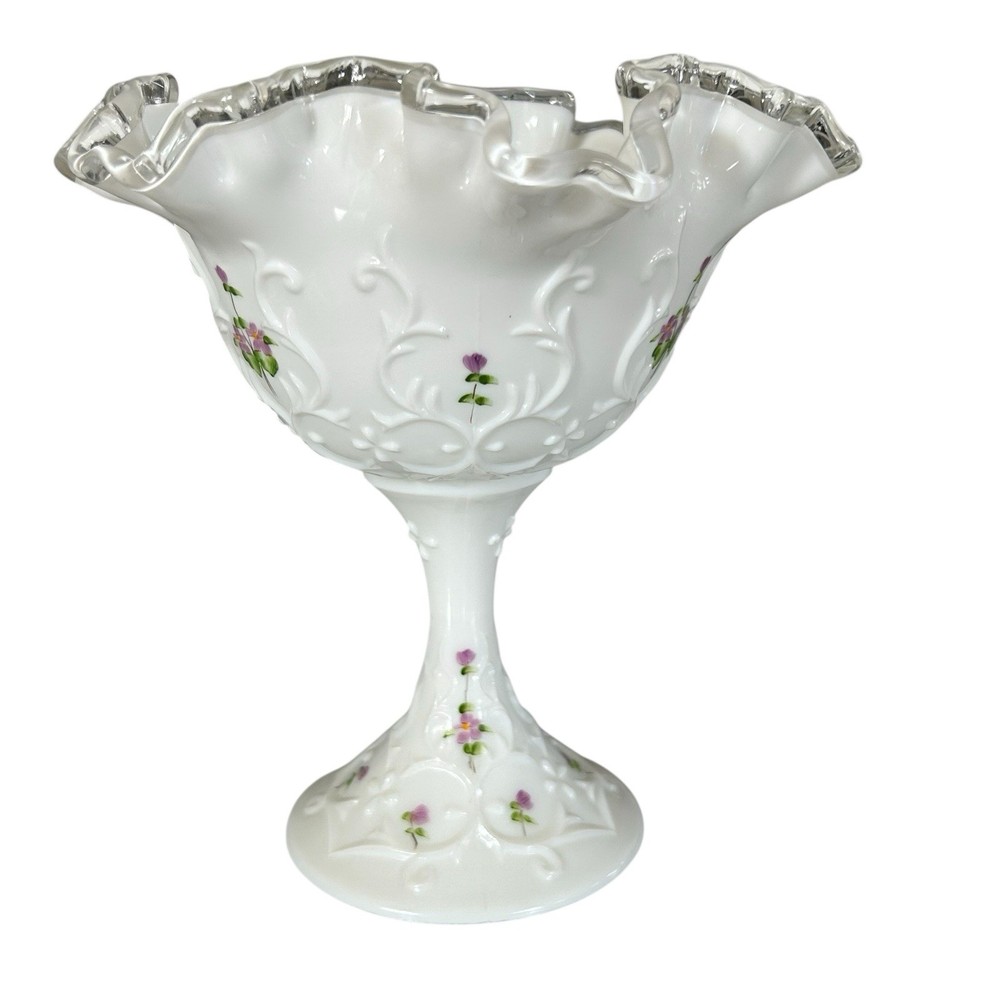 Fenton Silver Crest Spanish Lace Violets in the Snow Footed Candy Compote Dish