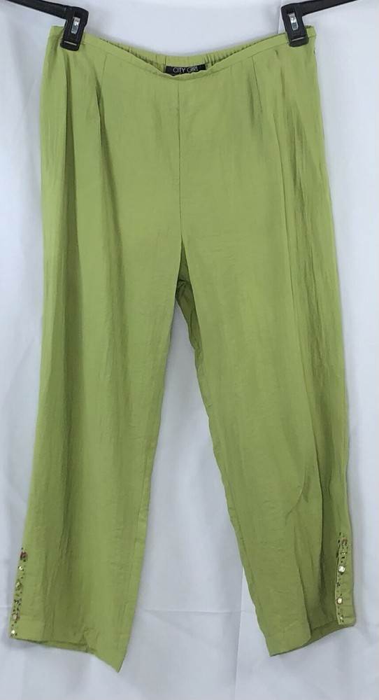 Vintage Nancy Bolen green beaded boho cropped pants 32W high-rise beach capsule