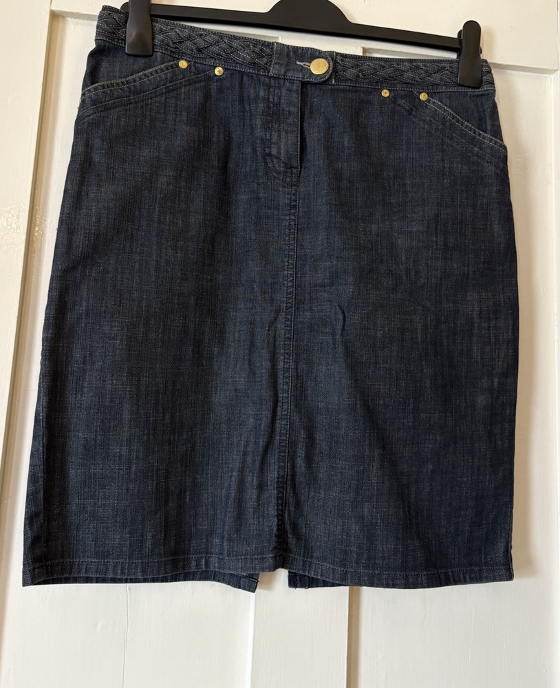 M&S Autograph Weekend Indigo Stretch Denim Plait Waist Straight Skirt UK12 L21