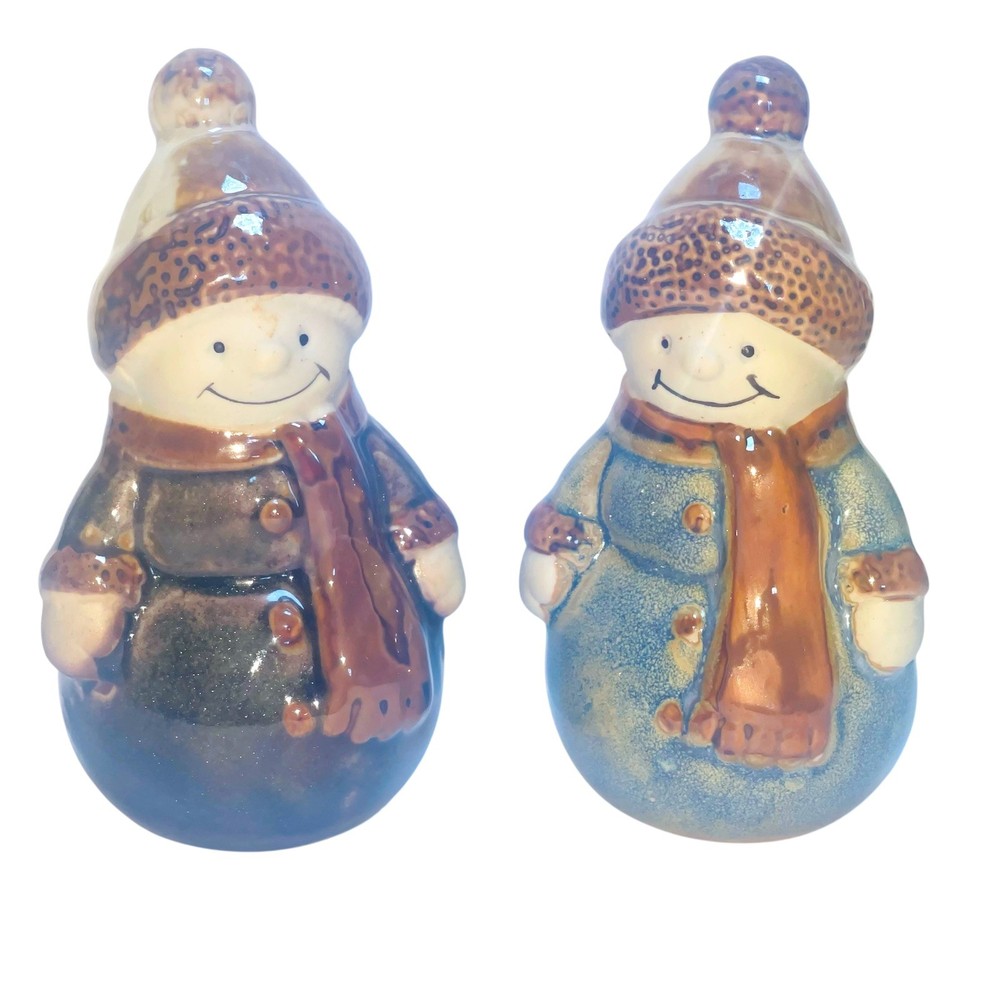 Snowman Figurine Lot Glazed Ceramic Pottery Christmas Holiday 2pc Set Vintage