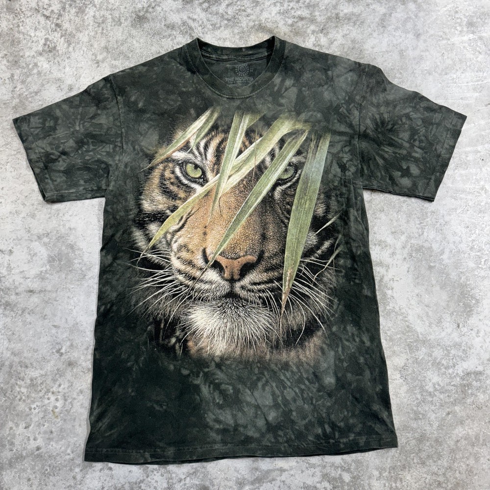 The Mountain Shirt Mens Medium Green Black Tie-Dye Tiger Big Face Graphic Animal