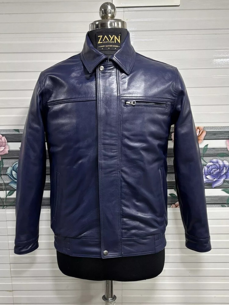 Men's Soft Lambskin Leather 70's Classic Bomber Jacket Retro Style Blue Jacket