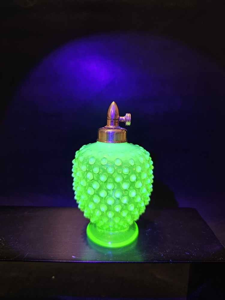 Fenton Uranium Glass Perfume Bottle DeVilbiss Green Opalescent Hobnail No Bulb